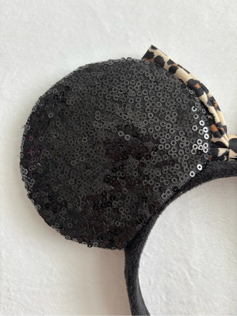 Minnie Mouse Black Sequin Ear Leopard Print Bow Headband